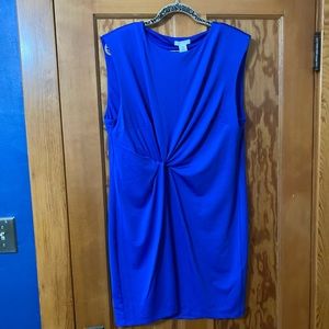 Bright blue fitted, twist detail dress.